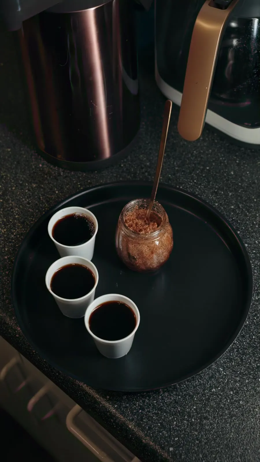Tray of small cups of coffee